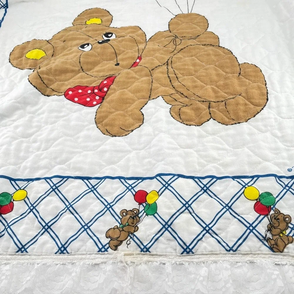 Vtg Thats Our Baby Teddy Bear Quilt & Dundee Flannel Blanket Set Balloons 2pc